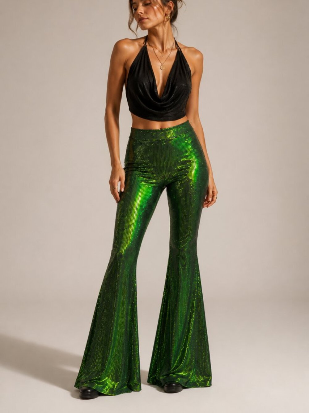 Emerald Green Holographic Flare Pants High Waist Rave Festival Burning Man